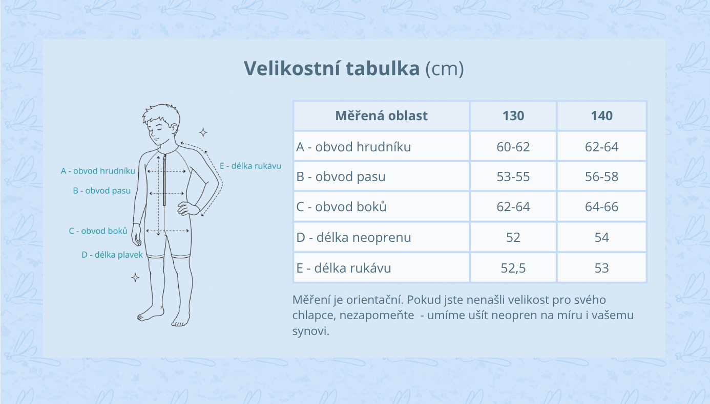 Chlapecký neopren - velikostní tabulka